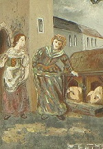 Die hartherzige Burgherrin Ottilie verfüttert die Speisereste den Schweinen (Bilder am Geburtshaus der Heiligen in Rattenberg)