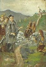 Das Ochsengespann bringt den Sarg der Heiligen zur Rupertikirche in Eben (Bilder am Geburtshaus der Heiligen in Rattenberg)